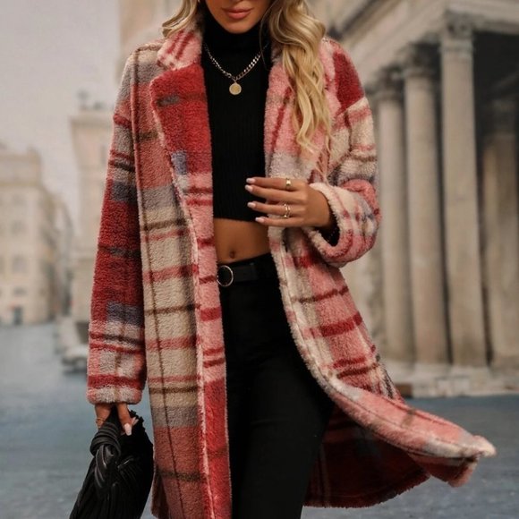 Red Preppy Womens Teddy Coat - Picture 5 of 5